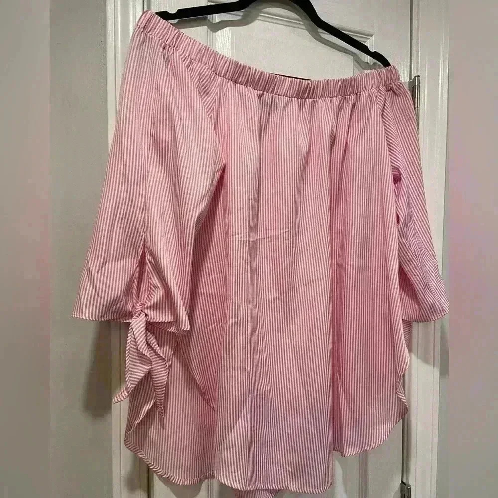 Just Quella Pink Stripe Flowy Short Sleeve Bow Off the Shoulder Blouse Size L